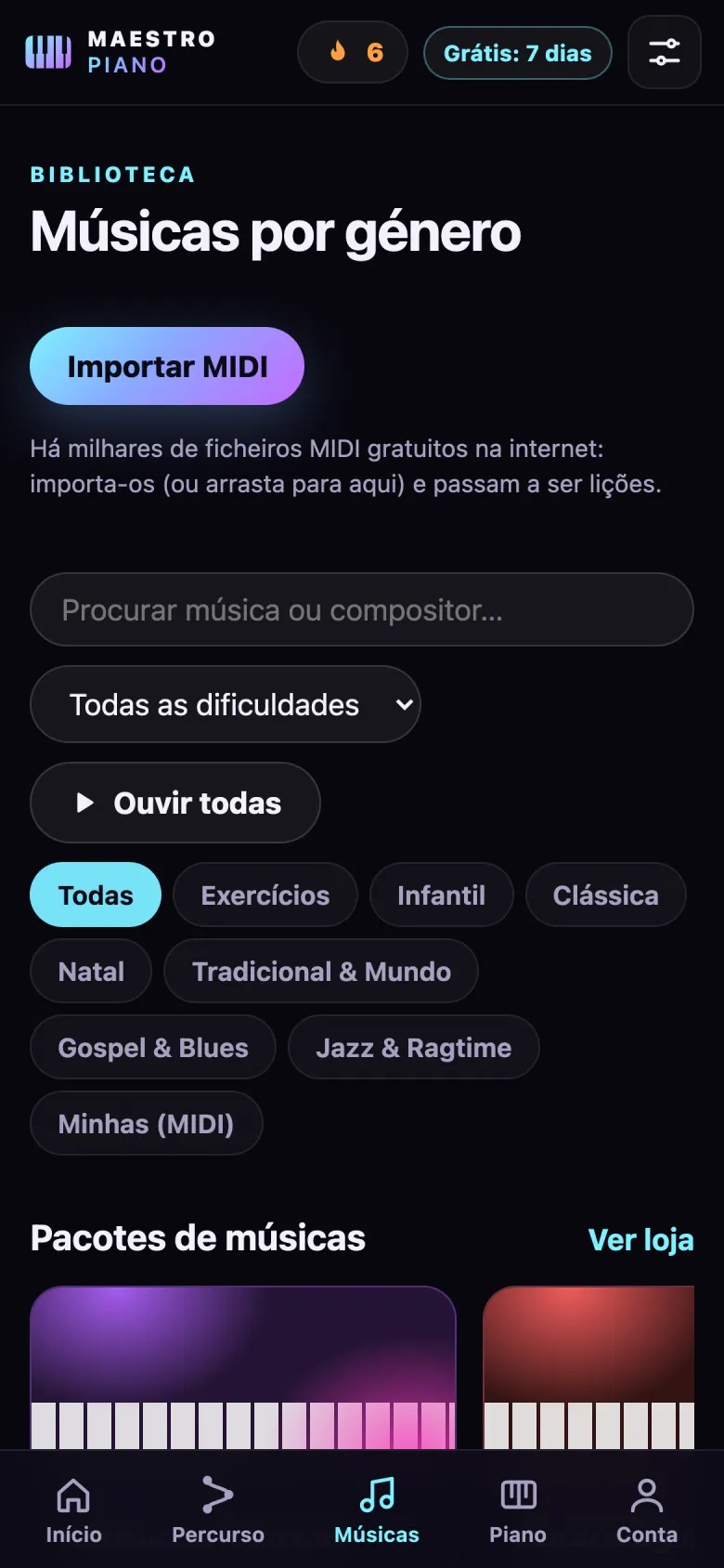 Ecrã da biblioteca de músicas organizada por género